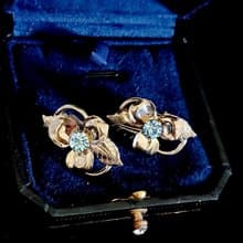 vintage jewelry  亮銀藍色萊茵蘭花 夾式耳環