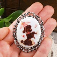 Black Poodle Pink White Porcelain Cameo Silver Oval Brooch Pin Woman Jewelry