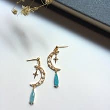 14K包金 星月氣質淺藍寶石耳環 耳夾 夾式耳環