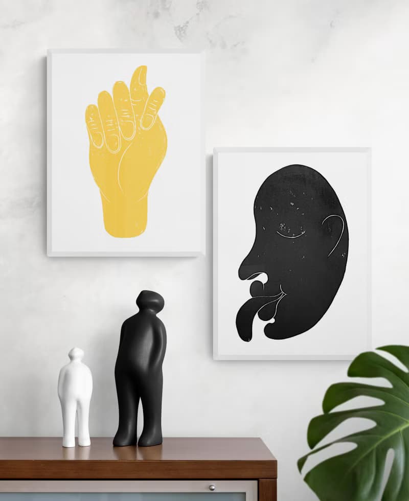 Original face artwork Linocut print Yellow abstract modern wall art Housewarming