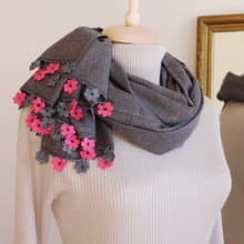 【受注製作】レースの花付き パシュミナストール【マリー】チャコール・グレー