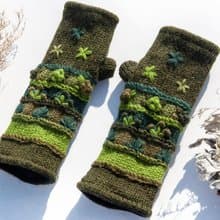 手織純羊毛針織手套/露趾手套/內刷毛手套/保暖手套-立體花朵刺繡