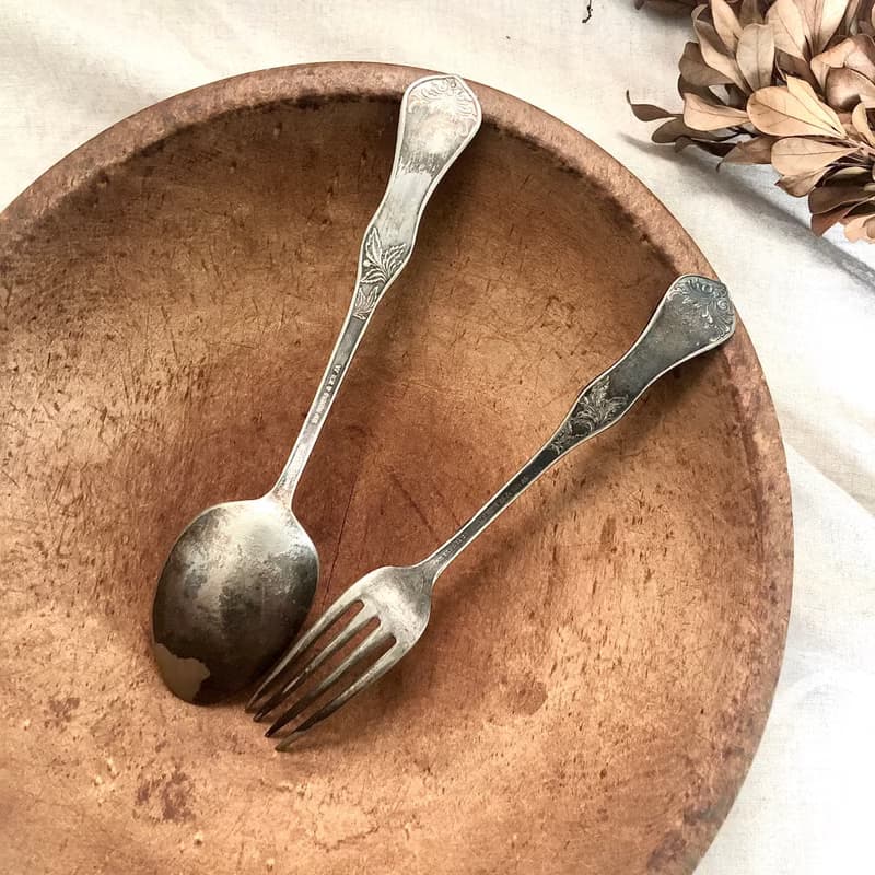 百年銀器 1906年美國 WM Rogers&Son鍍銀湯匙叉子 2件組