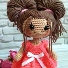 Art doll, interior doll, doll in pink dress, crocheting doll, handmade toy doll