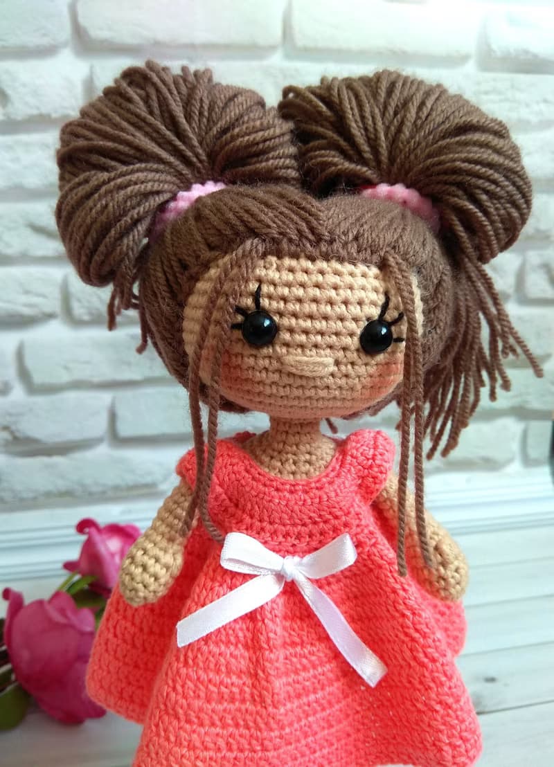 Art doll, interior doll, doll in pink dress, crocheting doll, handmade toy doll
