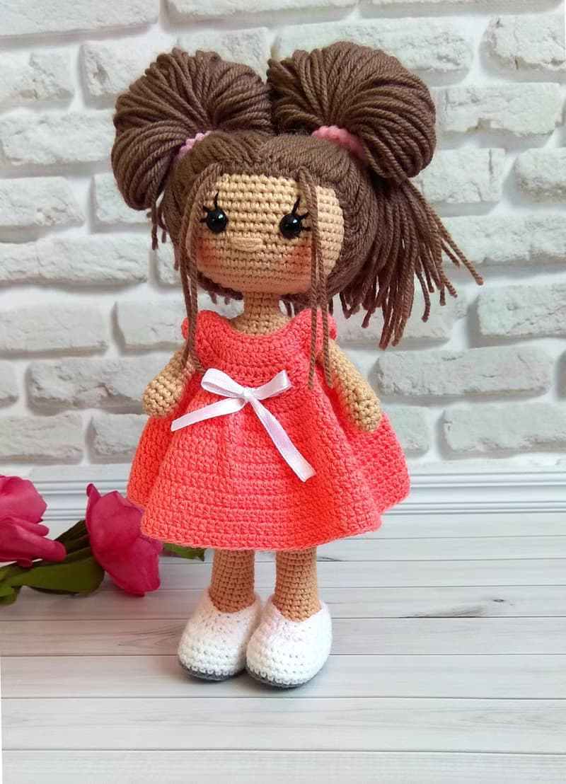 Art doll, interior doll, doll in pink dress, crocheting doll, handmade toy doll