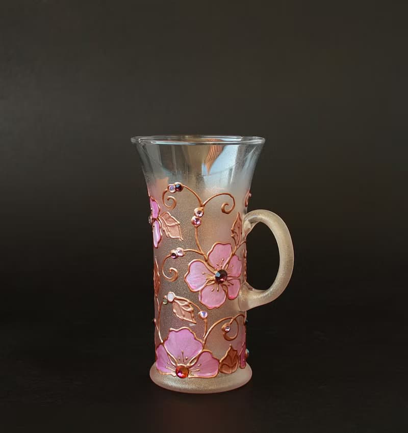 Mug Rose Gold Pink Flowers Swarovski Crystals, hand-painted