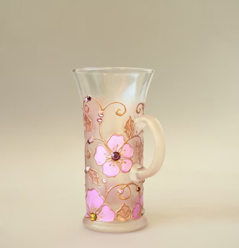 Mug Rose Gold Pink Flowers Swarovski Crystals, hand-painted