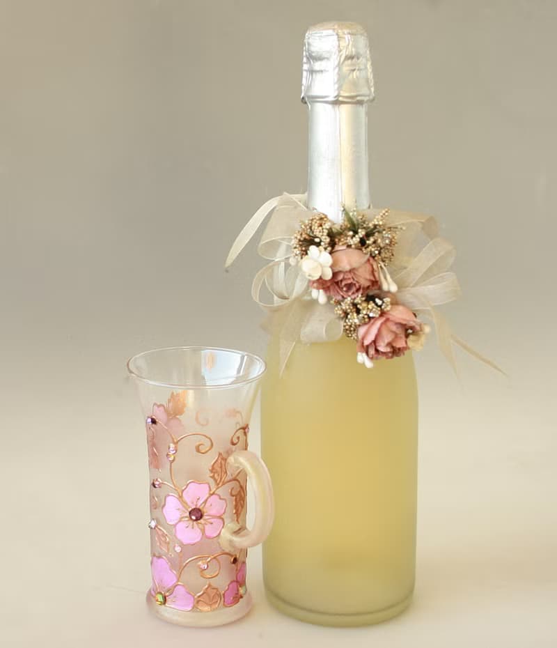 Mug Rose Gold Pink Flowers Swarovski Crystals, hand-painted