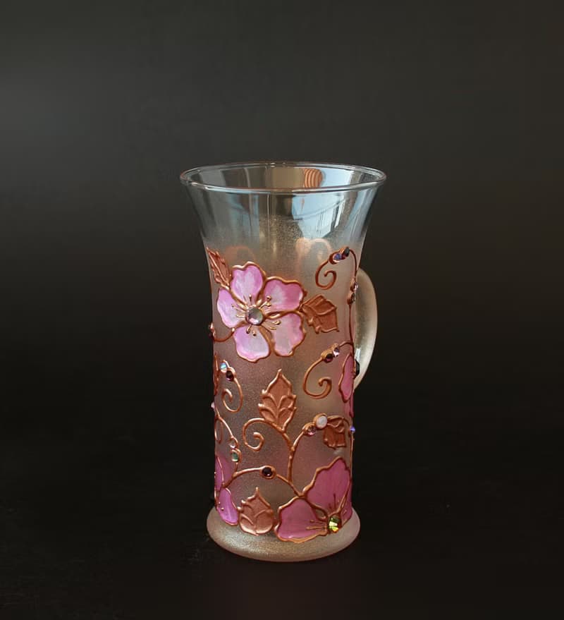 Mug Rose Gold Pink Flowers Swarovski Crystals, hand-painted