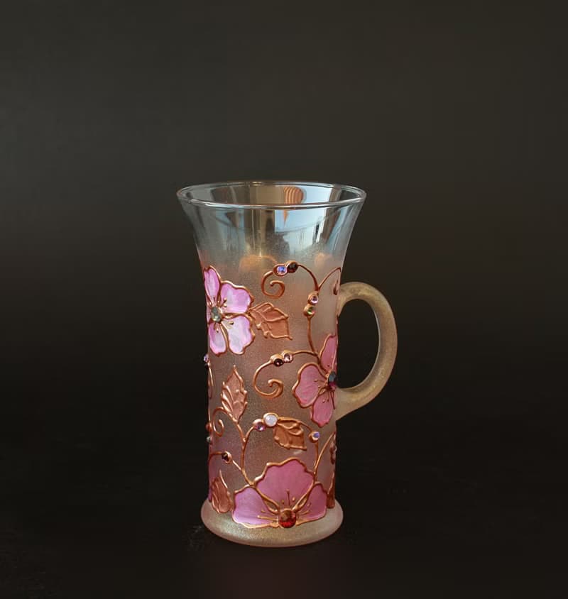 Mug Rose Gold Pink Flowers Swarovski Crystals, hand-painted