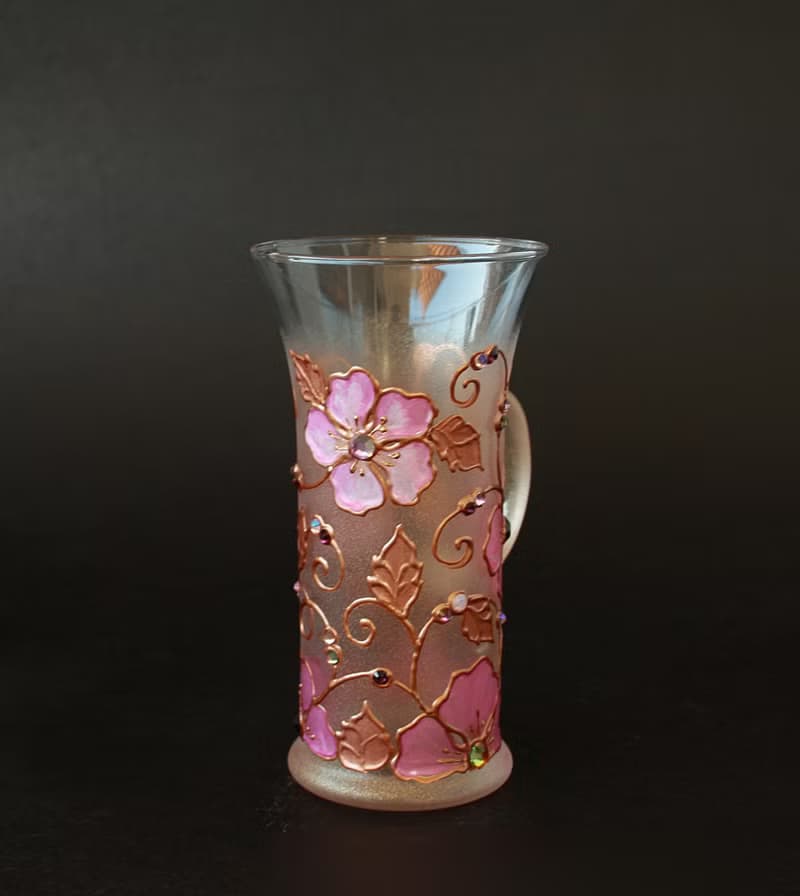 Mug Rose Gold Pink Flowers Swarovski Crystals, hand-painted