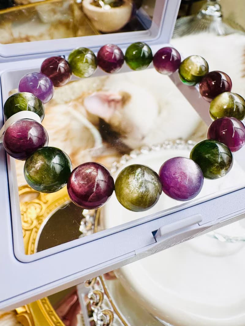 收藏自用級濃色強光紫綠鋰雲母彩串12mm43.68g緩解壓力舒壓情緒