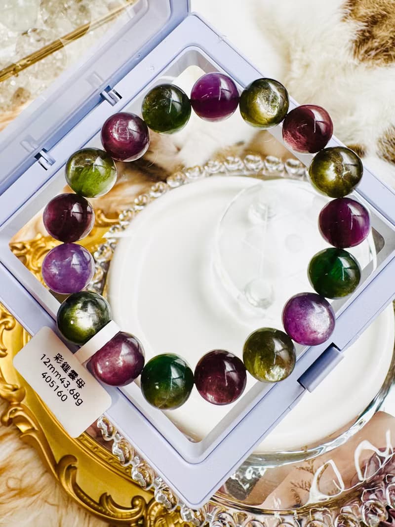 收藏自用級濃色強光紫綠鋰雲母彩串12mm43.68g緩解壓力舒壓情緒