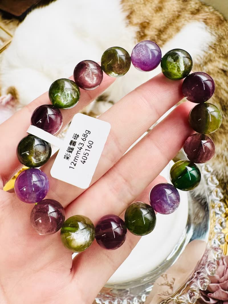 收藏自用級濃色強光紫綠鋰雲母彩串12mm43.68g緩解壓力舒壓情緒