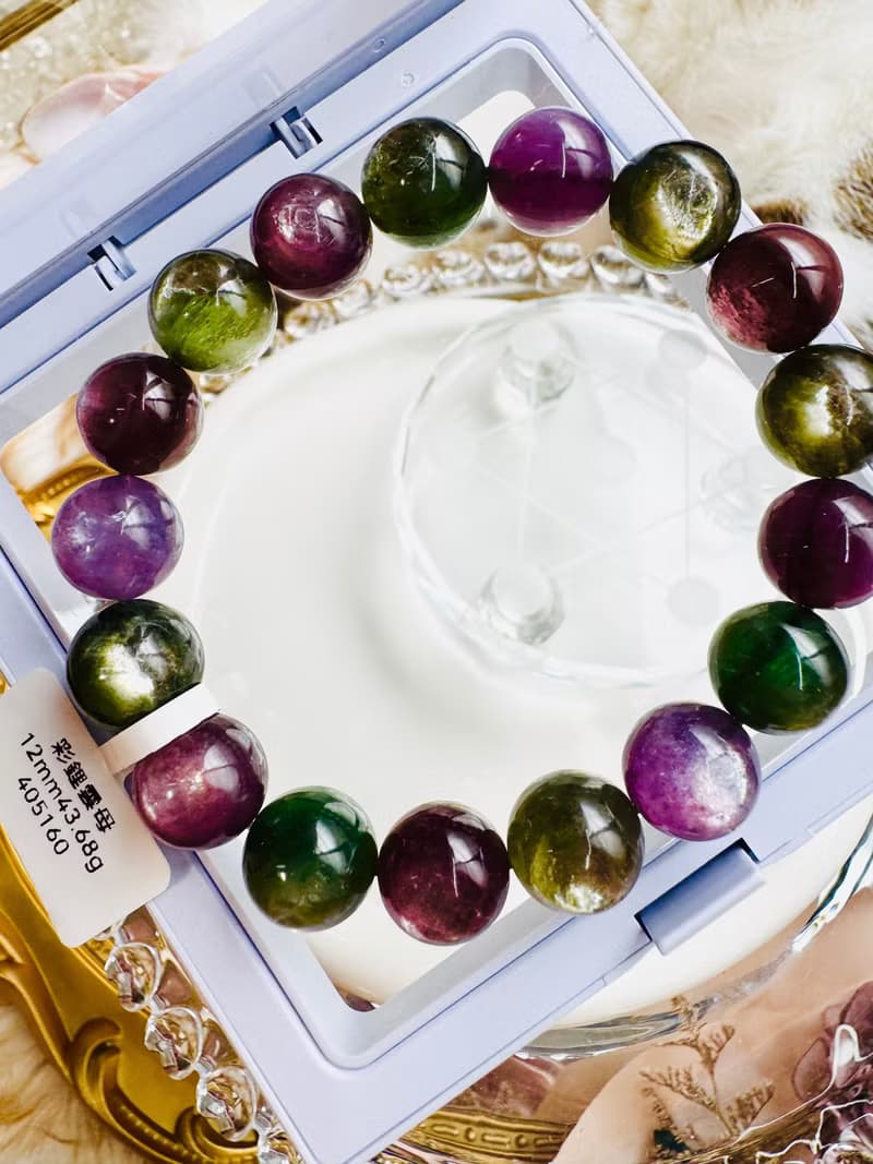 收藏自用級濃色強光紫綠鋰雲母彩串12mm43.68g緩解壓力舒壓情緒