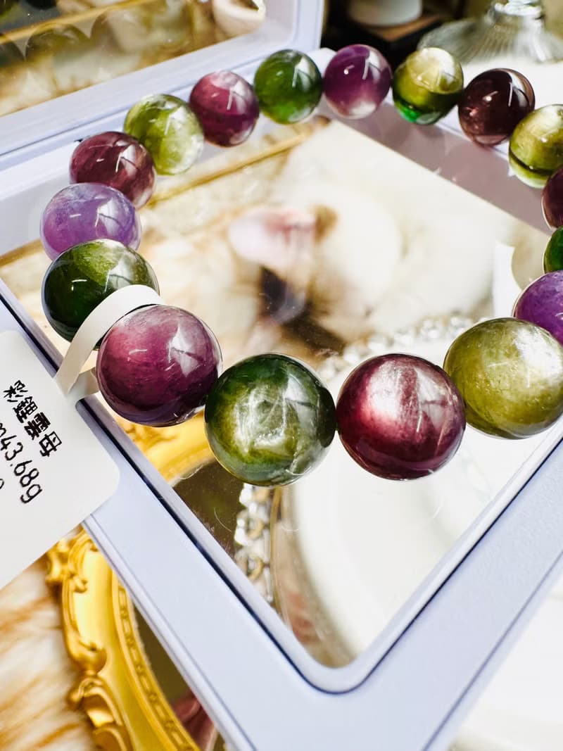 收藏自用級濃色強光紫綠鋰雲母彩串12mm43.68g緩解壓力舒壓情緒