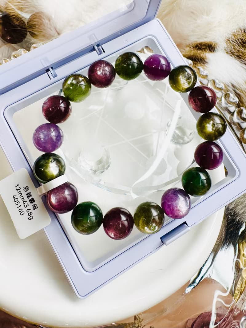 收藏自用級濃色強光紫綠鋰雲母彩串12mm43.68g緩解壓力舒壓情緒