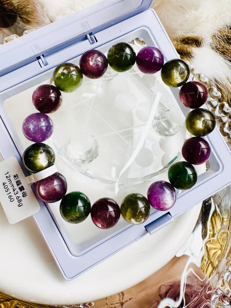 收藏自用級濃色強光紫綠鋰雲母彩串12mm43.68g緩解壓力舒壓情緒