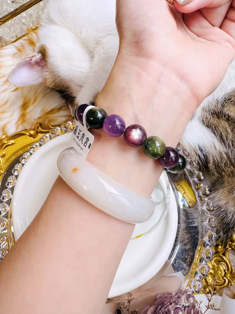 收藏自用級濃色強光紫綠鋰雲母彩串12mm43.68g緩解壓力舒壓情緒