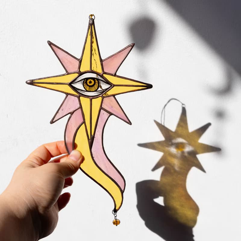 Pink and yellow star, Stained glass ornament, Celestial home decor, Star Art