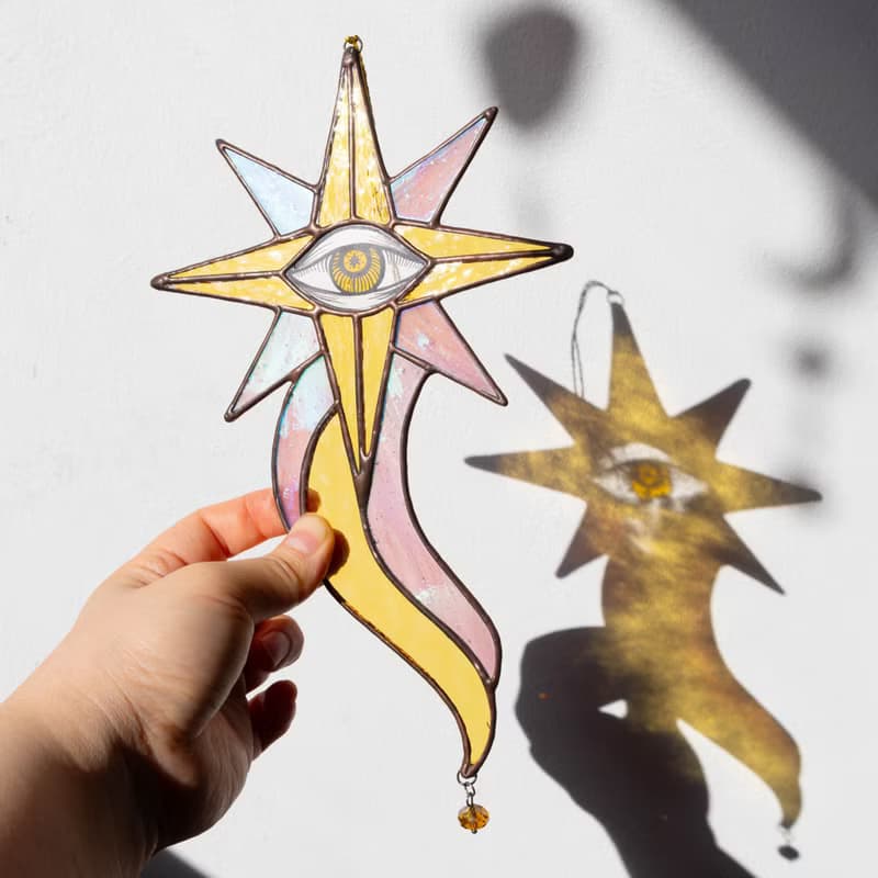 Pink and yellow star, Stained glass ornament, Celestial home decor, Star Art