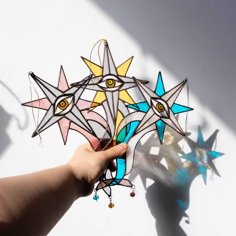 Pink and yellow star, Stained glass ornament, Celestial home decor, Star Art
