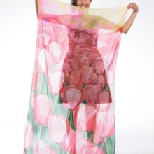 Red Hand painted silk shawl- The Tulip's Garden