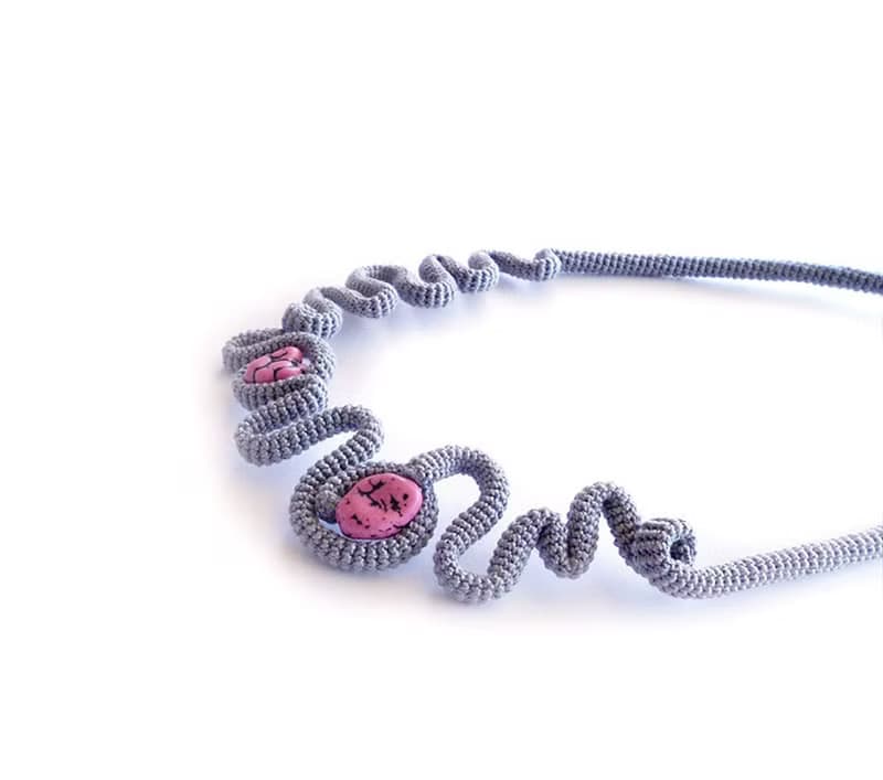 Contemporary Grey Crochet Statement Bib Necklace with Pink Nuggets
