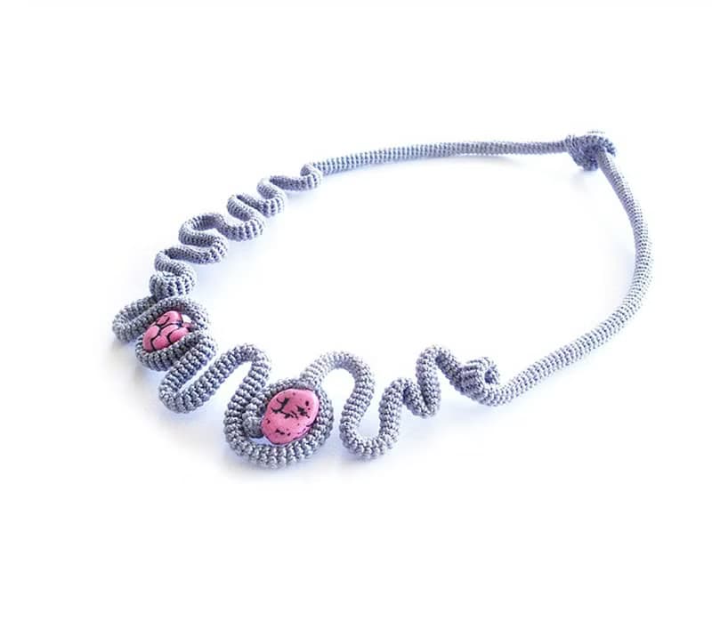 Contemporary Grey Crochet Statement Bib Necklace with Pink Nuggets