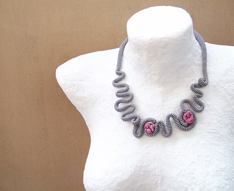 Contemporary Grey Crochet Statement Bib Necklace with Pink Nuggets