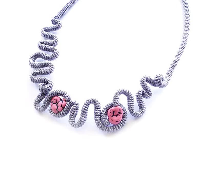 Contemporary Grey Crochet Statement Bib Necklace with Pink Nuggets