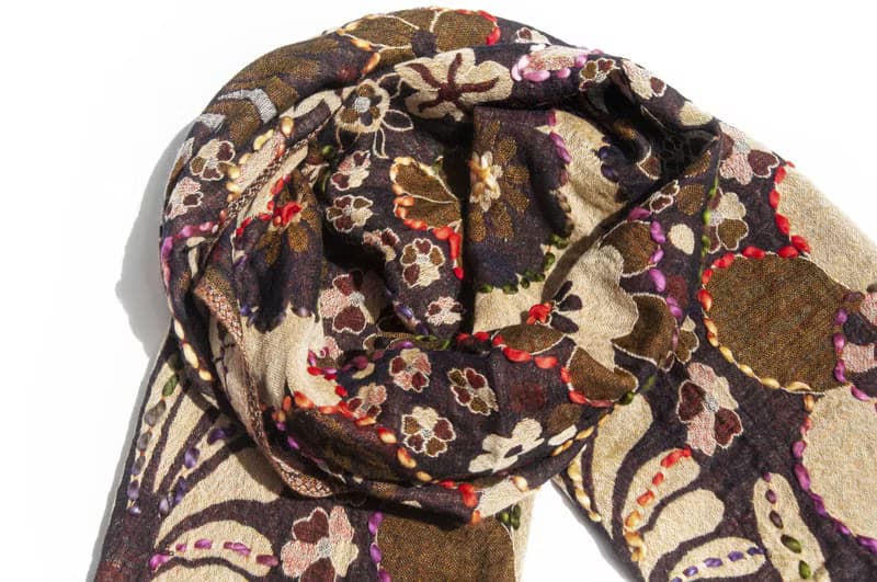 喀什米爾Cashmere/水煮羊毛披肩/針織圍巾/刺繡圍巾/羊絨披巾-花
