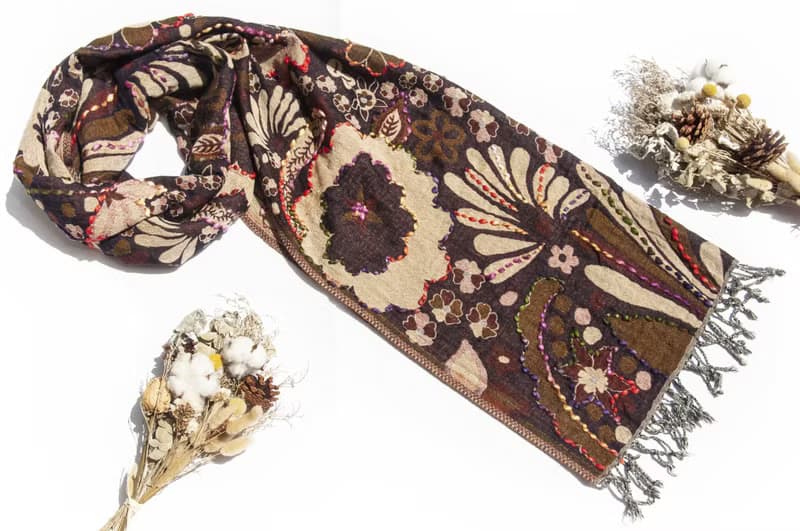 喀什米爾Cashmere/水煮羊毛披肩/針織圍巾/刺繡圍巾/羊絨披巾-花