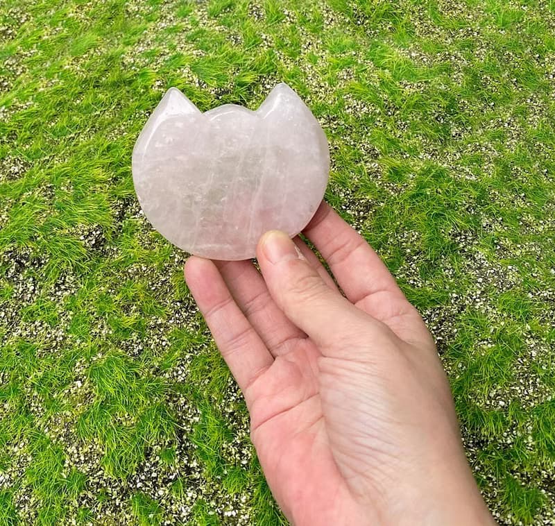 天然可愛粉晶貓咪盤x 天然水晶消磁石 凈化充電消磁套組 旺姻緣