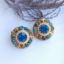 Vintage Jewelry 西洋古董飾品 FLORENZA 藍綠色調萊茵 夾式耳環