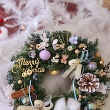 可愛小熊 雪松聖誕花圈 淺紫色裝飾 永生聖誕花圈 聖誕節禮物