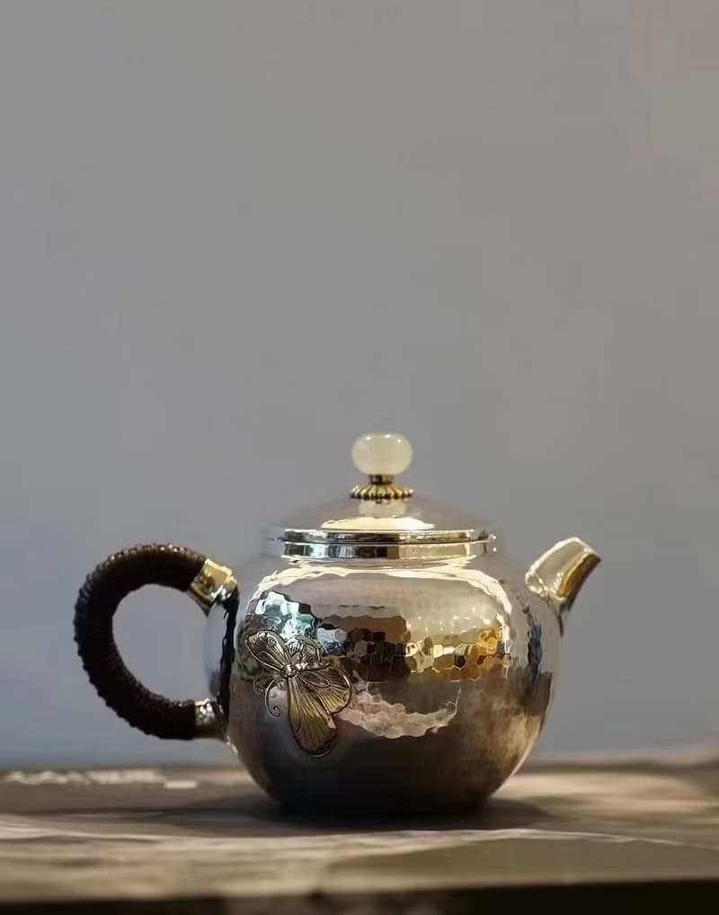 尚幀品 蝶舞生平銀壺 純銀急須 泡茶壺 純銀9999 純手工 150cc