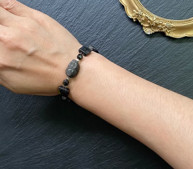 滿礦黑髮晶x灰月光石x黑曜石x銀曜石貔貅925純銀 財運 招貴人事業