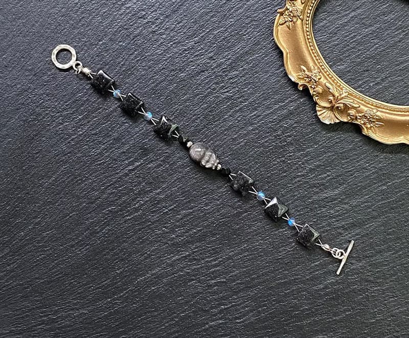 滿礦黑髮晶x灰月光石x黑曜石x銀曜石貔貅925純銀 財運 招貴人事業