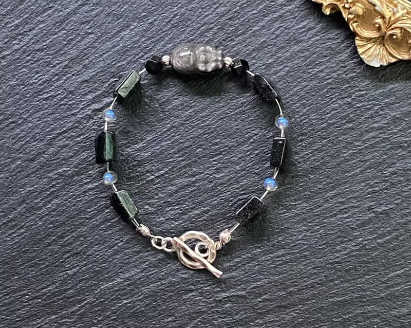 滿礦黑髮晶x灰月光石x黑曜石x銀曜石貔貅925純銀 財運 招貴人事業