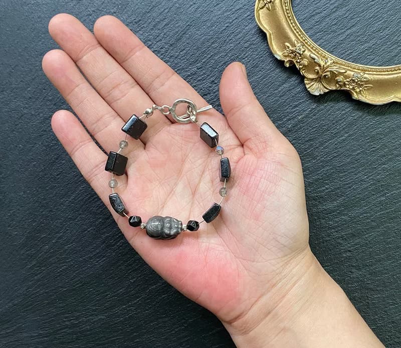 滿礦黑髮晶x灰月光石x黑曜石x銀曜石貔貅925純銀 財運 招貴人事業