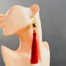 櫻霞紅色流蘇鉤形耳環/無孔耳環 耳環 耳夾