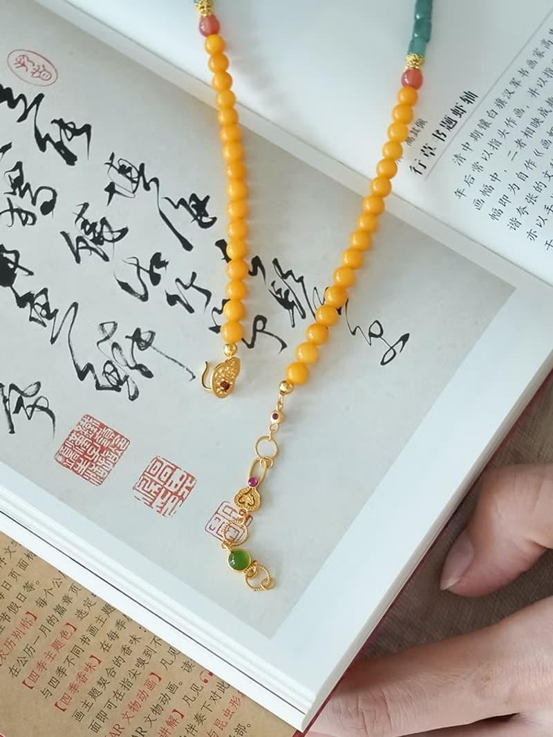原創植物繫手工和田玉蜜蠟翡翠項鏈s925銀鎖骨鏈生日禮物