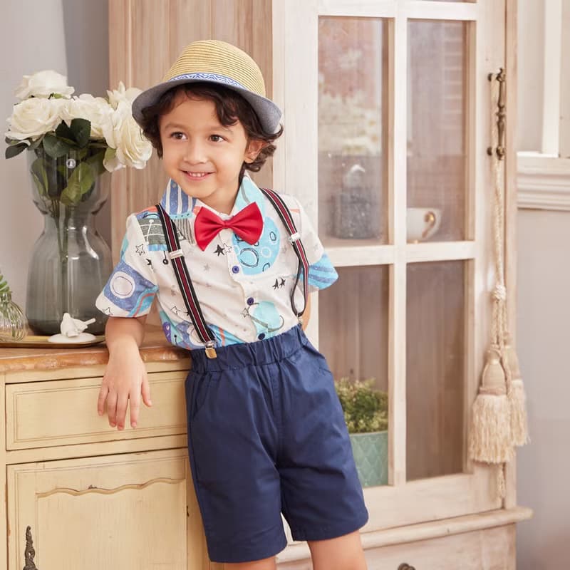 Charles系列太空襯衫藍色吊帶短褲組(附吊帶)