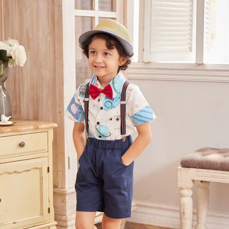 Charles系列太空襯衫藍色吊帶短褲組(附吊帶)