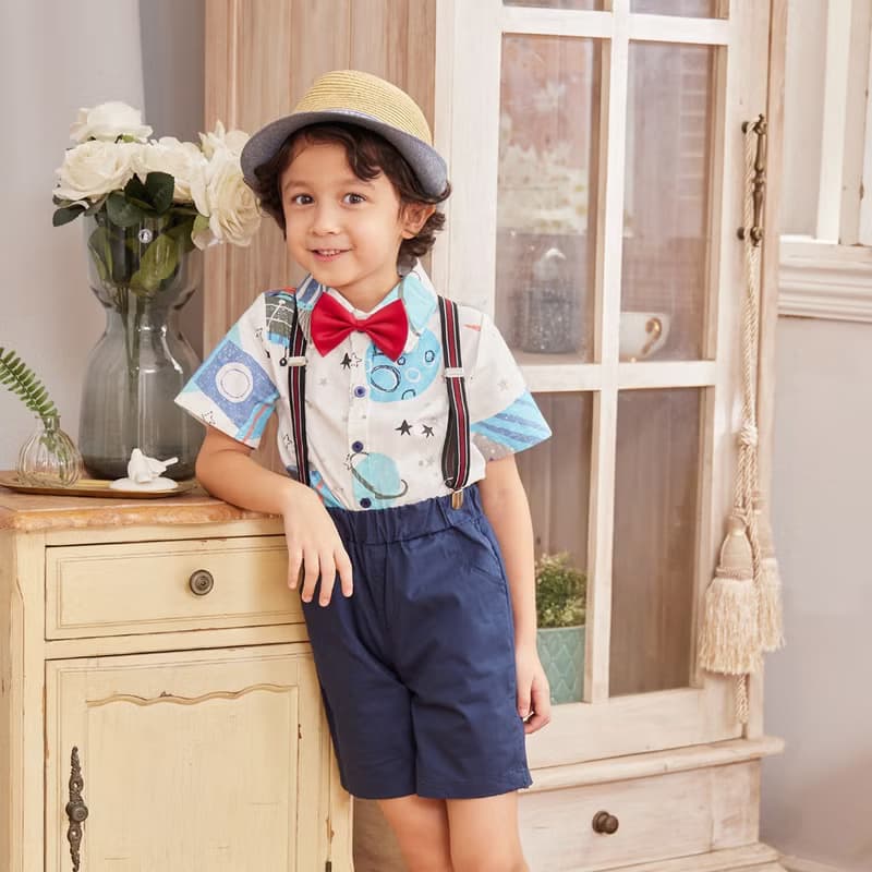 Charles系列太空襯衫藍色吊帶短褲組(附吊帶)