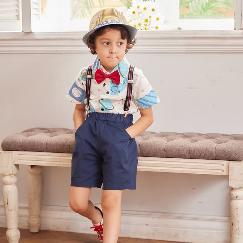 Charles系列太空襯衫藍色吊帶短褲組(附吊帶)