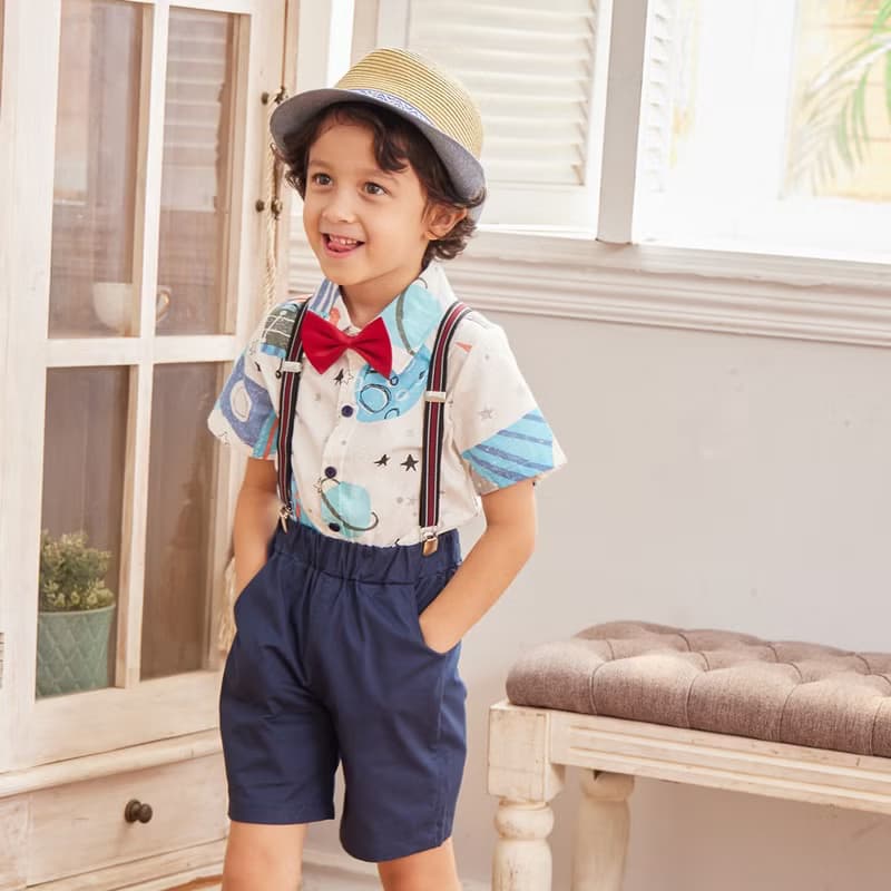 Charles系列太空襯衫藍色吊帶短褲組(附吊帶)