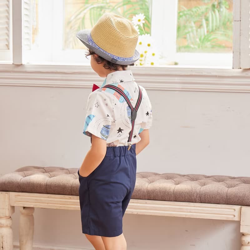 Charles系列太空襯衫藍色吊帶短褲組(附吊帶)